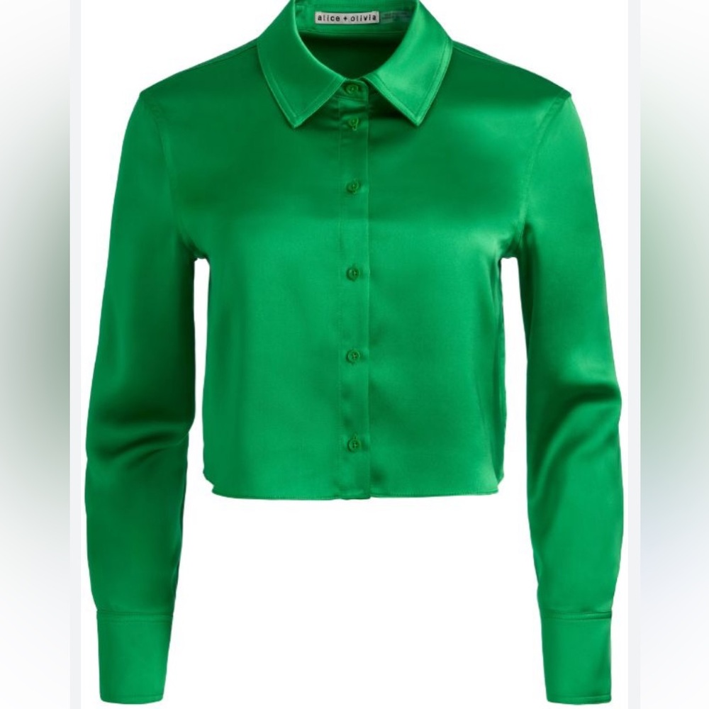 Alice & Olivia Leon Satin Crop Shirt in Lt.Emerald, NWD, Size M .